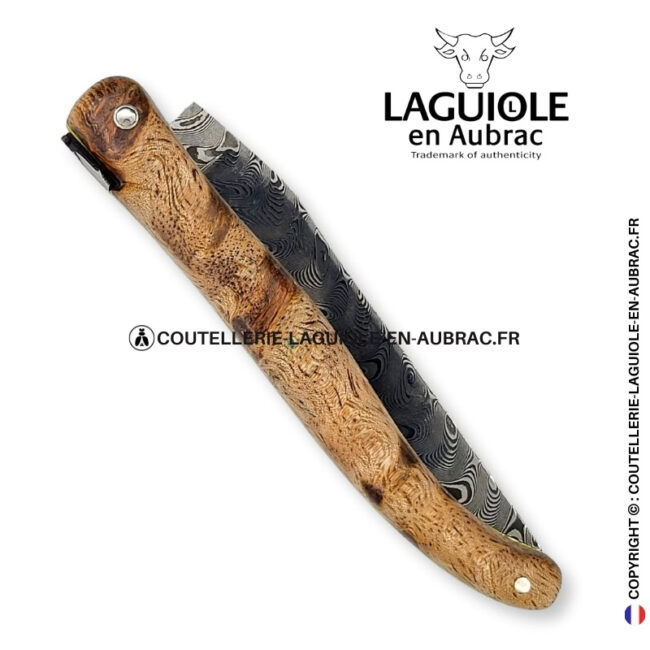 souffle damassé : couteau laguiole plein manche en albizia – abeille et platines ciselées lame damas