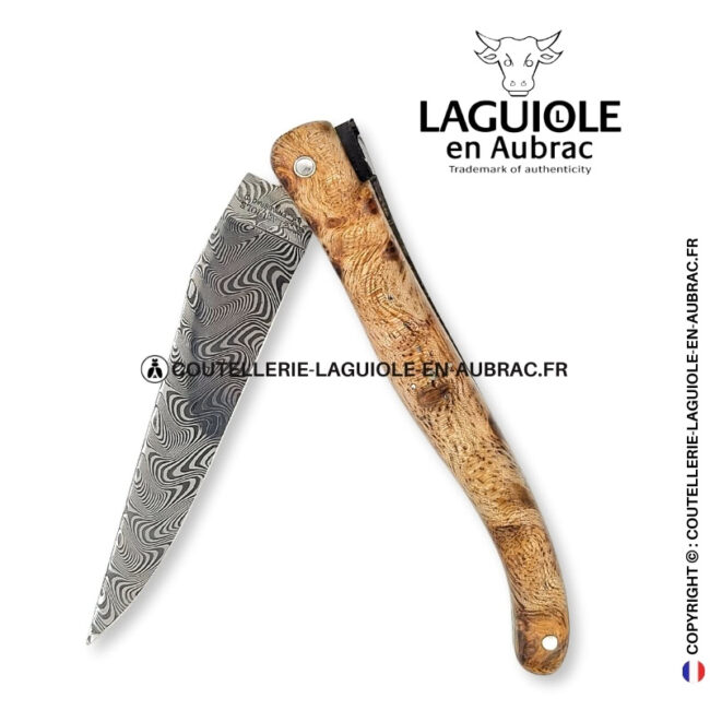 souffle damassé : couteau laguiole plein manche en albizia – abeille et platines ciselées lame damas