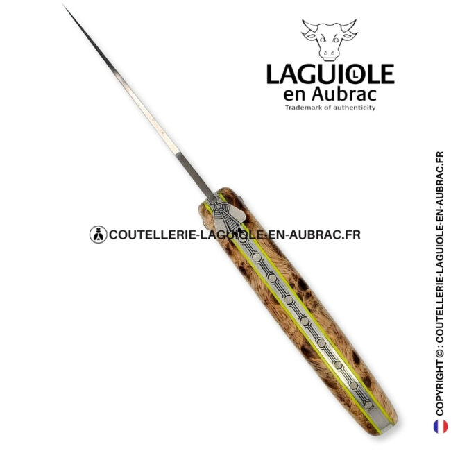 souffle damassé : couteau laguiole plein manche en albizia – abeille et platines ciselées lame damas