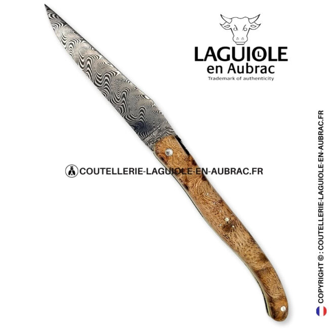 souffle damassé : couteau laguiole plein manche en albizia – abeille et platines ciselées lame damas