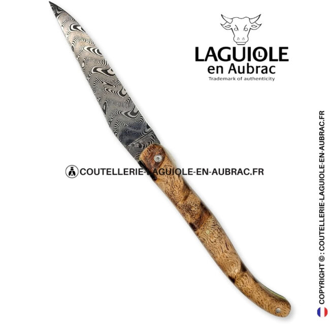 souffle damassé : couteau laguiole plein manche en albizia – abeille et platines ciselées lame damas