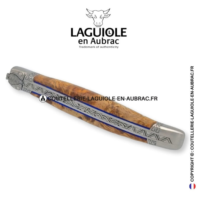 veines de la nature : couteau laguiole fourche de peuplier stabilisé abeille sculptée mitres et ressort gravés