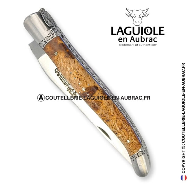 veines de la nature : couteau laguiole fourche de peuplier stabilisé abeille sculptée mitres et ressort gravés