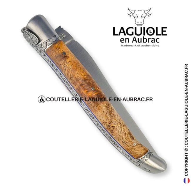 veines de la nature : couteau laguiole fourche de peuplier stabilisé abeille sculptée mitres et ressort gravés