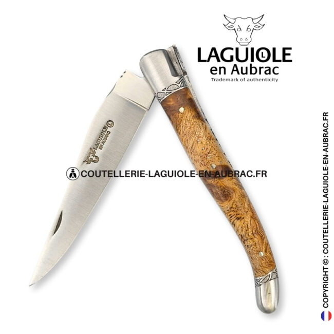 veines de la nature : couteau laguiole fourche de peuplier stabilisé abeille sculptée mitres et ressort gravés