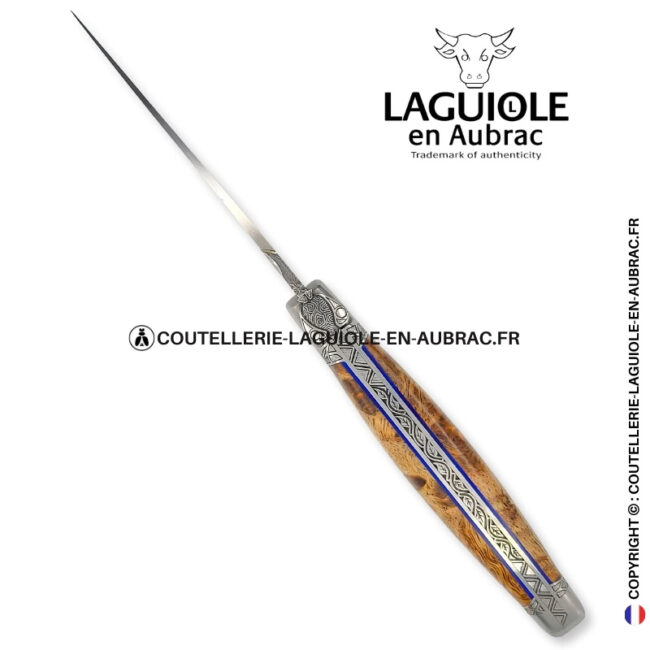 veines de la nature : couteau laguiole fourche de peuplier stabilisé abeille sculptée mitres et ressort gravés