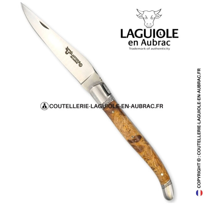 veines de la nature : couteau laguiole fourche de peuplier stabilisé abeille sculptée mitres et ressort gravés