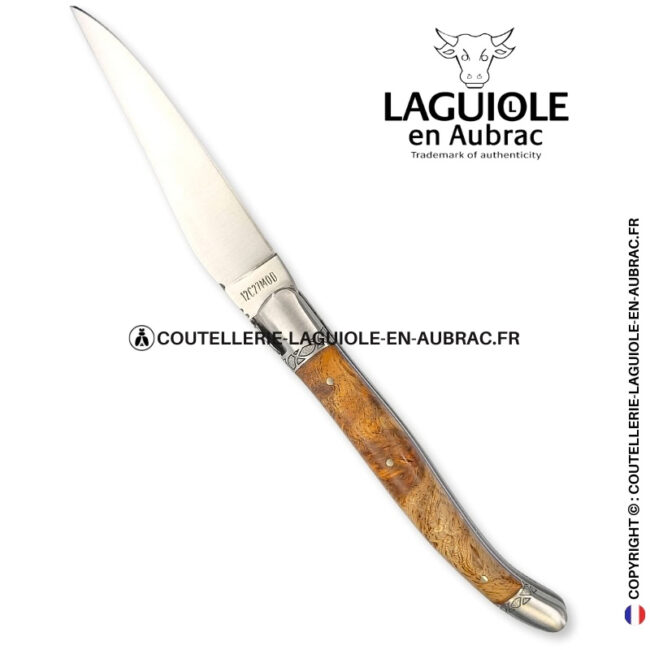 veines de la nature : couteau laguiole fourche de peuplier stabilisé abeille sculptée mitres et ressort gravés