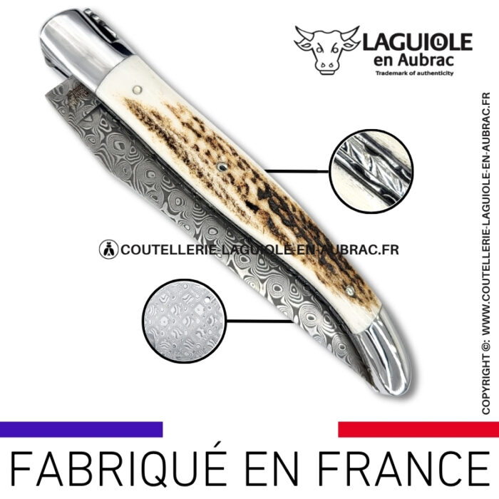couteau laguiole doubles platines en bois de cerf – lame damas balbach inox