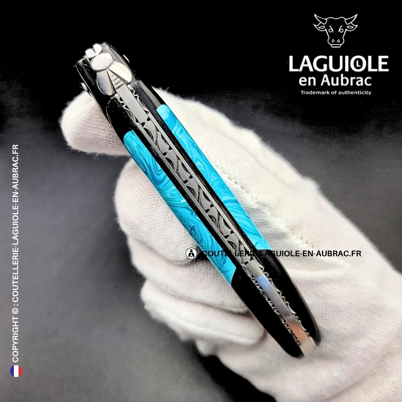couteau laguiole nox pretiosa – Ébène & larimar – platines inox