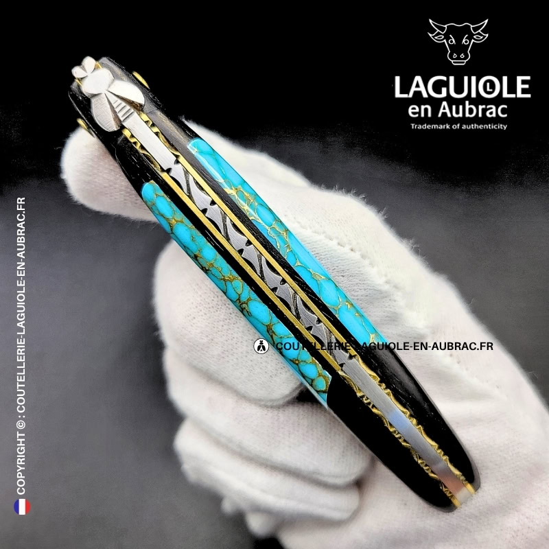 couteau laguiole nox pretiosa – Ébène & turquoise – platines laiton