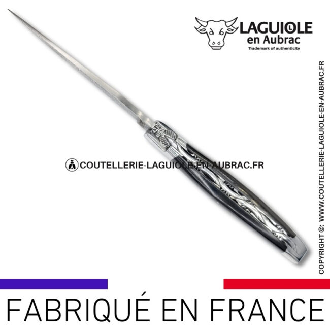 couteau laguiole en bois d'Ébène platines guillochées et lame damas balbach inox