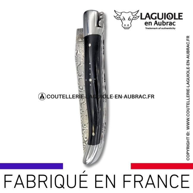 couteau laguiole en bois d'Ébène platines guillochées et lame damas balbach inox