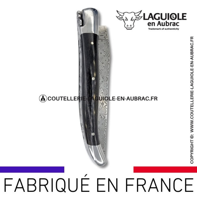 couteau laguiole en bois d'Ébène platines guillochées et lame damas balbach inox