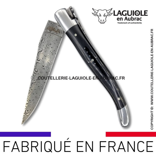 couteau laguiole en bois d'Ébène platines guillochées et lame damas balbach inox