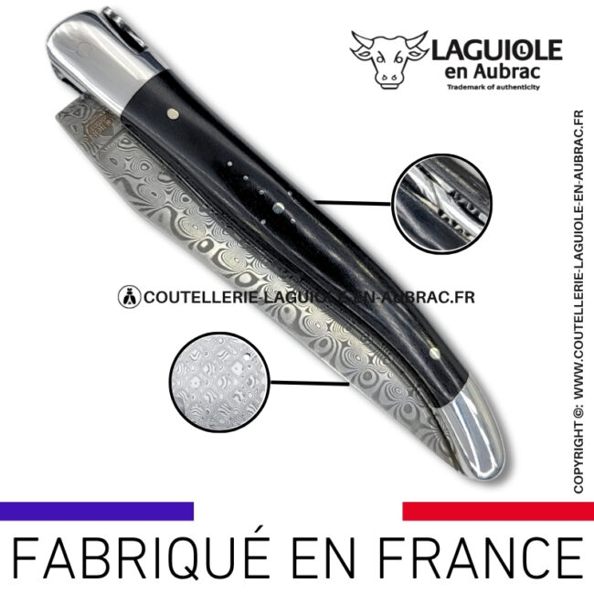 couteau laguiole en bois d'Ébène platines guillochées et lame damas balbach inox