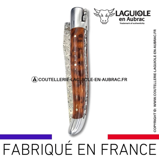 couteau laguiole en bois d'amourette platines guillochées et lame damas balbach inox