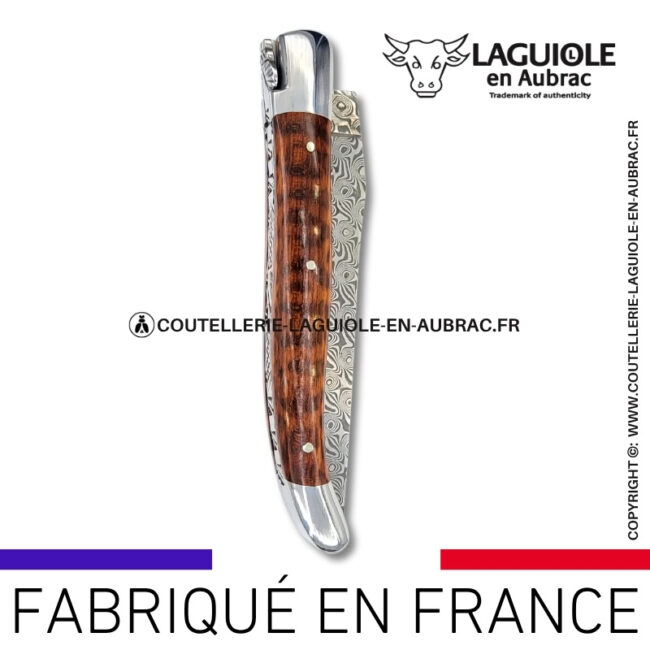couteau laguiole en bois d'amourette platines guillochées et lame damas balbach inox