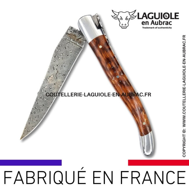 couteau laguiole en bois d'amourette platines guillochées et lame damas balbach inox
