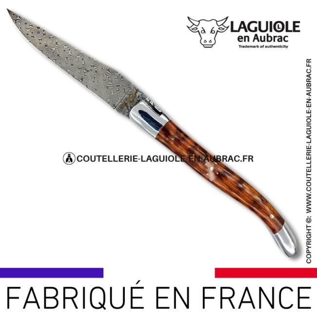 couteau laguiole en bois d'amourette platines guillochées et lame damas balbach inox