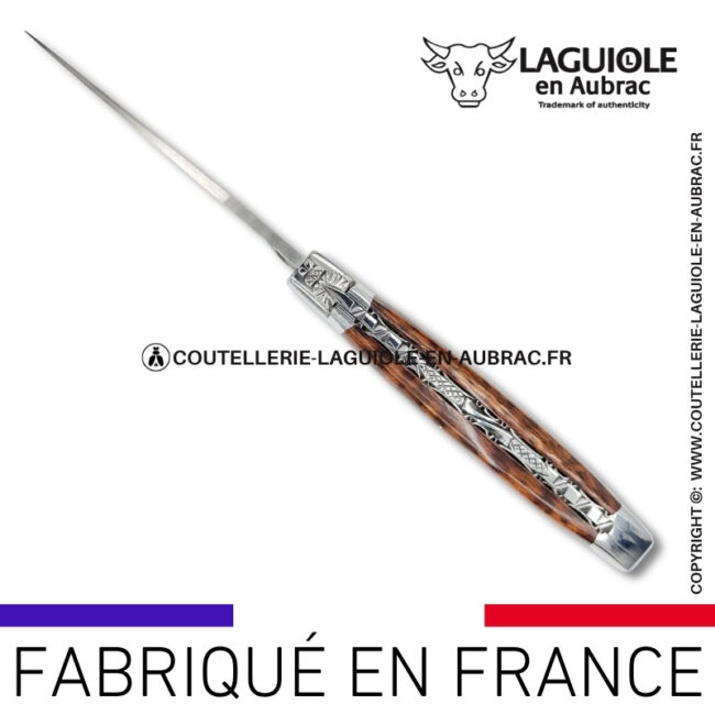 couteau laguiole en bois d'amourette platines guillochées et lame damas balbach inox