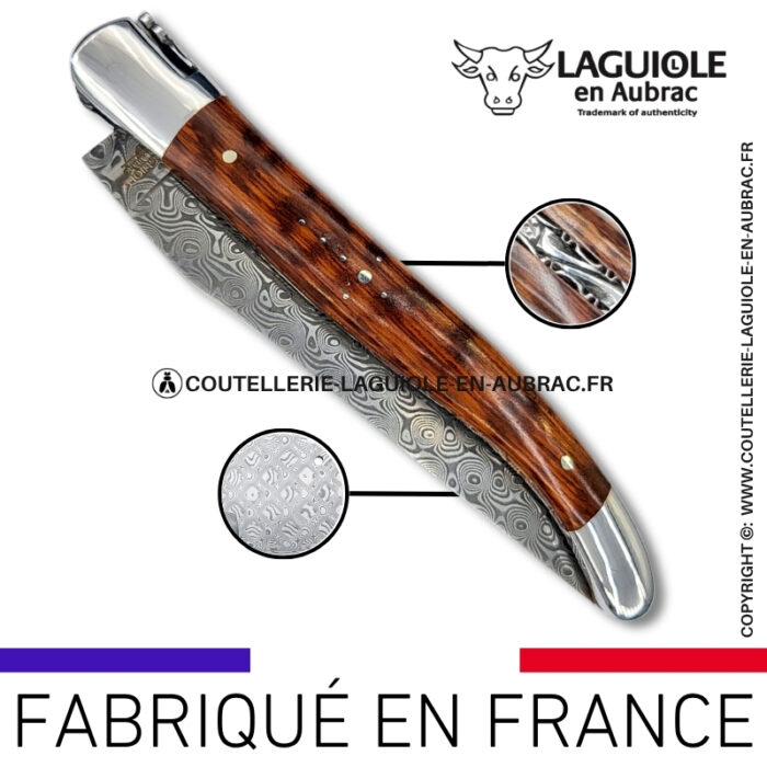 couteau laguiole en bois d'amourette platines guillochées et lame damas balbach inox