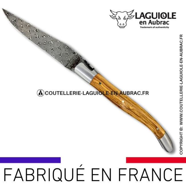 couteau laguiole en bois d'olivier platines guillochées et lame damas balbach inox