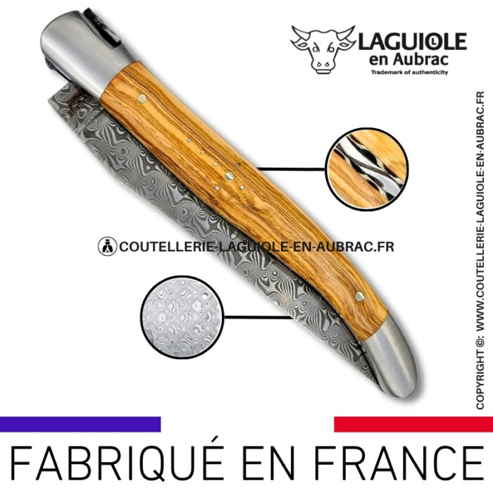 couteau laguiole en bois d'olivier platines guillochées et lame damas balbach inox