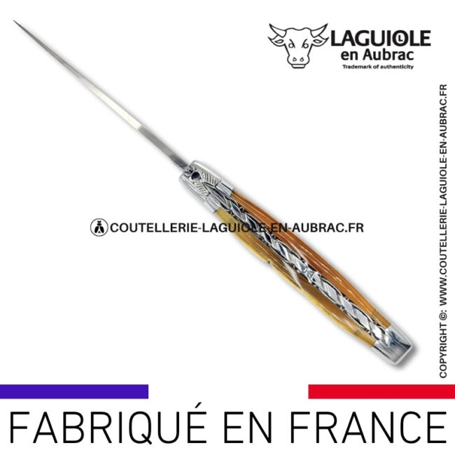 couteau laguiole en corne de bélier platines guillochées et lame damas balbach inox