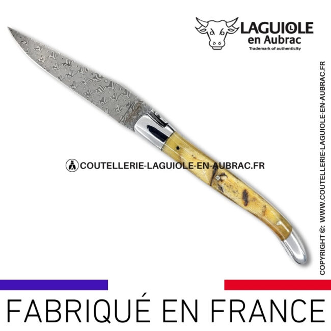 couteau laguiole en corne de bélier platines guillochées et lame damas balbach inox