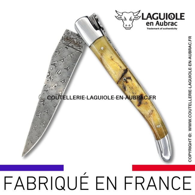 couteau laguiole en corne de bélier platines guillochées et lame damas balbach inox