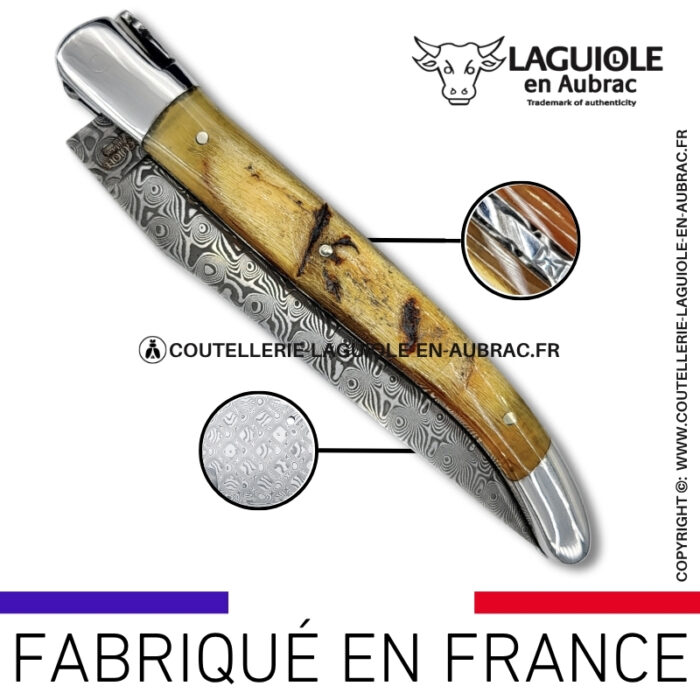 couteau laguiole en corne de bélier platines guillochées et lame damas balbach inox