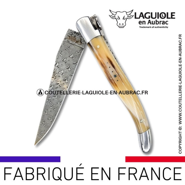 couteau laguiole en pointe de corne platines guillochées et lame damas balbach inox