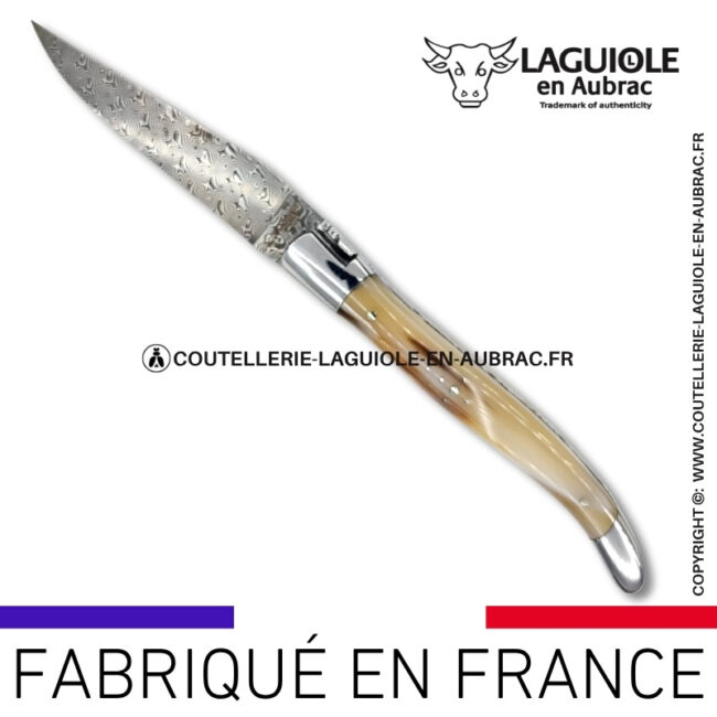couteau laguiole en pointe de corne platines guillochées et lame damas balbach inox