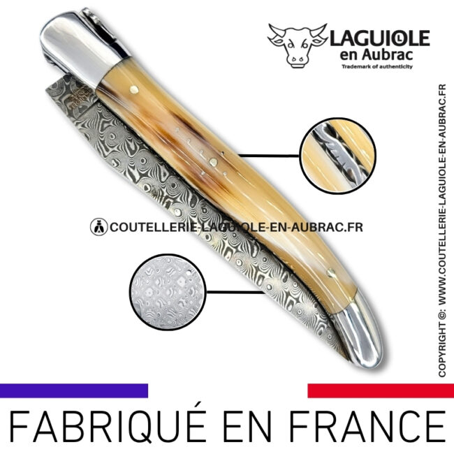 couteau laguiole en pointe de corne platines guillochées et lame damas balbach inox