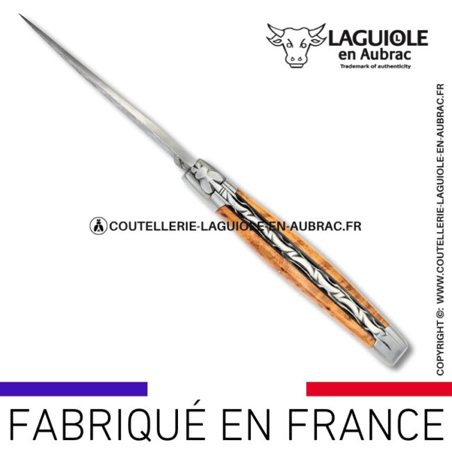 couteau laguiole en thuya platines guillochées et lame damas balbach inox