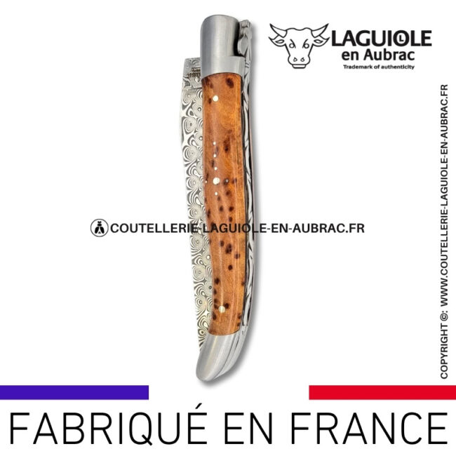 couteau laguiole en thuya platines guillochées et lame damas balbach inox
