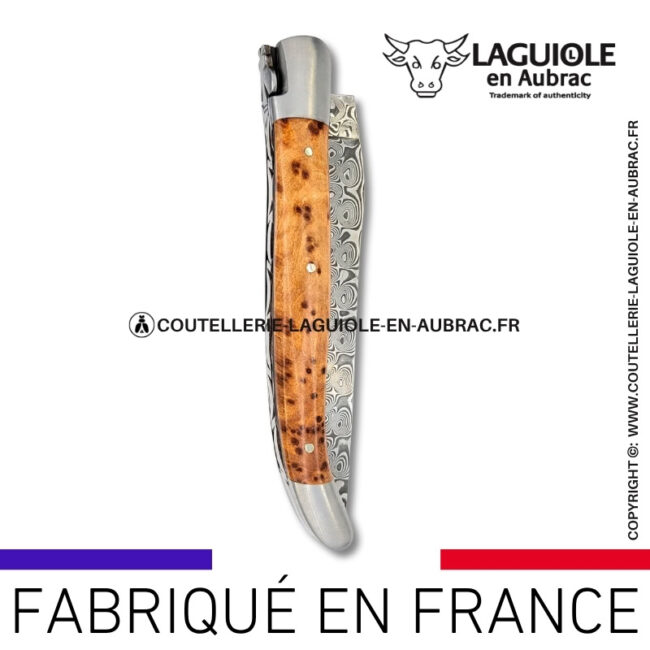 couteau laguiole en thuya platines guillochées et lame damas balbach inox