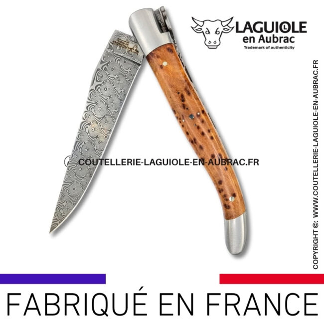 couteau laguiole en thuya platines guillochées et lame damas balbach inox