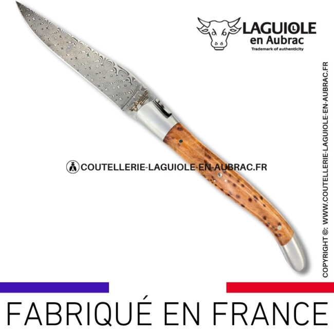 couteau laguiole en thuya platines guillochées et lame damas balbach inox