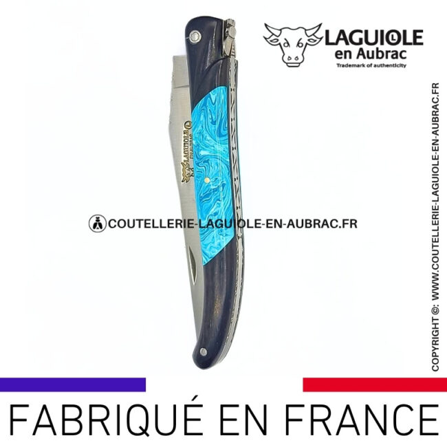 couteau laguiole nox pretiosa – Ébène & larimar – platines inox