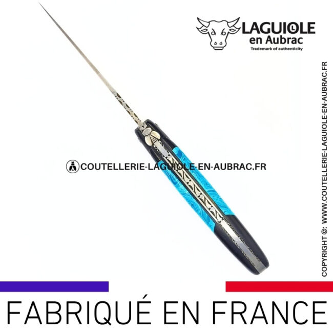 couteau laguiole nox pretiosa – Ébène & larimar – platines inox