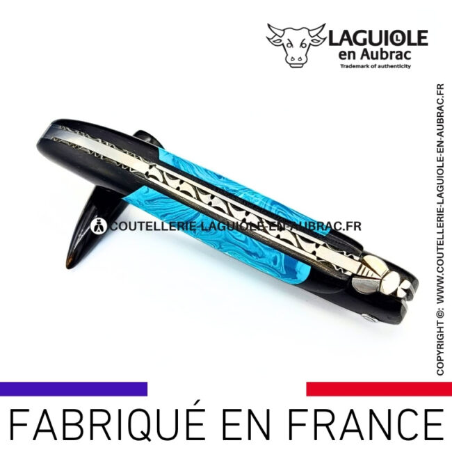 couteau laguiole nox pretiosa – Ébène & larimar – platines inox