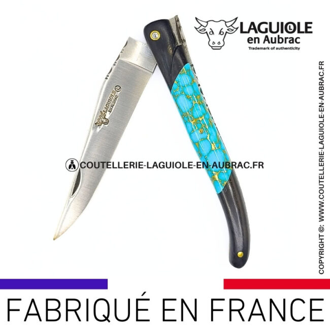 couteau laguiole nox pretiosa – Ébène & turquoise – platines laiton