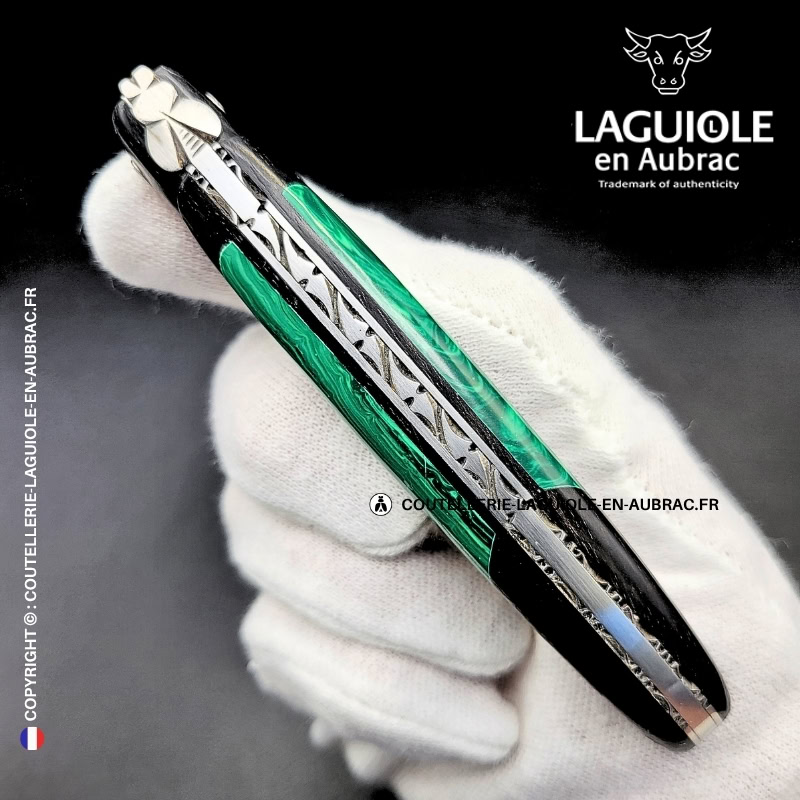couteau laguiole nox pretiosa – Ébène & malachite – platines inox