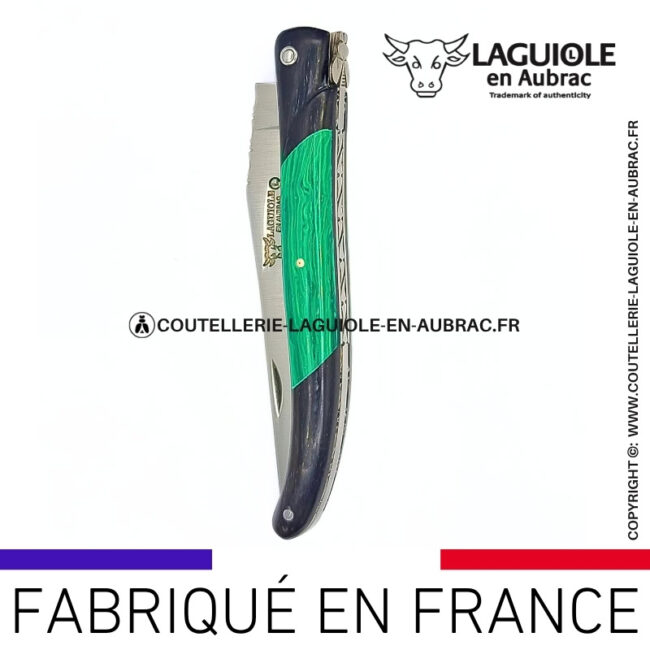 couteau laguiole nox pretiosa – Ébène & malachite – platines inox