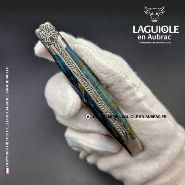 couteau laguiole papillon manche en bouleau bleu