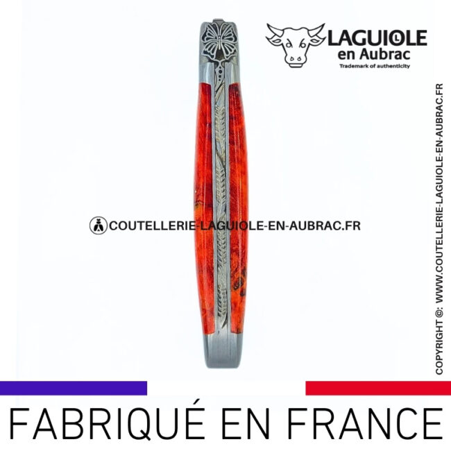 couteau laguiole papillon – manche en bouleau rouge corail