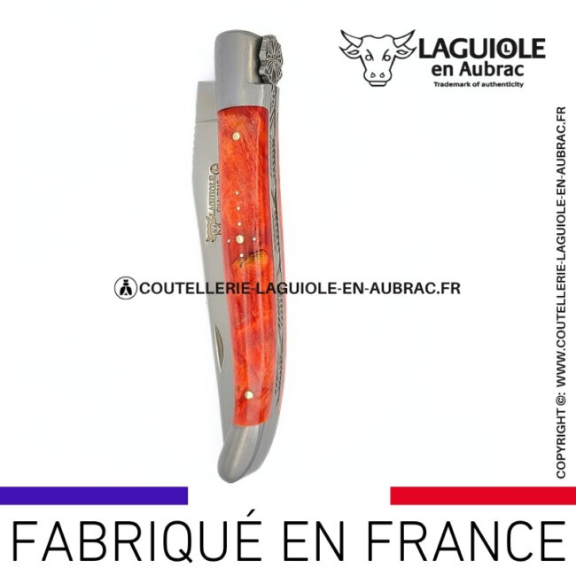 couteau laguiole papillon – manche en bouleau rouge corail