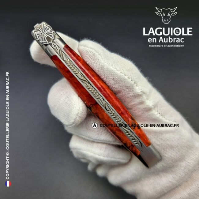 couteau laguiole papillon – manche en bouleau rouge corail